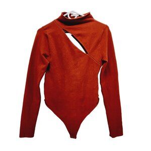 Good American Womens Rust Red Asymmetrical Cutout Long Sleeve Bodysuit Size 3